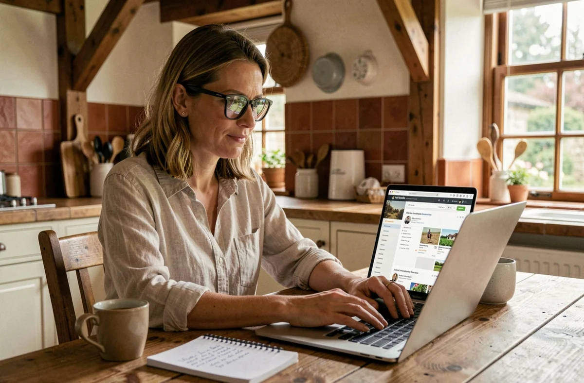 Femme consultant un site d'achat agricole en ligne sur son ordinateur portable dans une cuisine de ferme chaleureuse