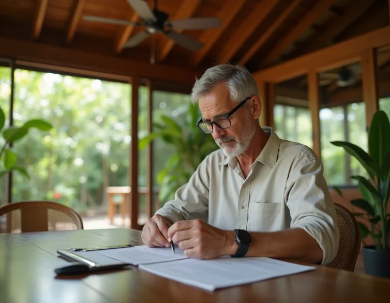 Expatrié occidental étudiant des documents immobiliers dans une maison thaïlandaise traditionnelle en bois de teck