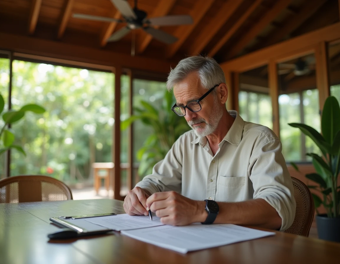 Expatrié occidental étudiant des documents immobiliers dans une maison thaïlandaise traditionnelle en bois de teck