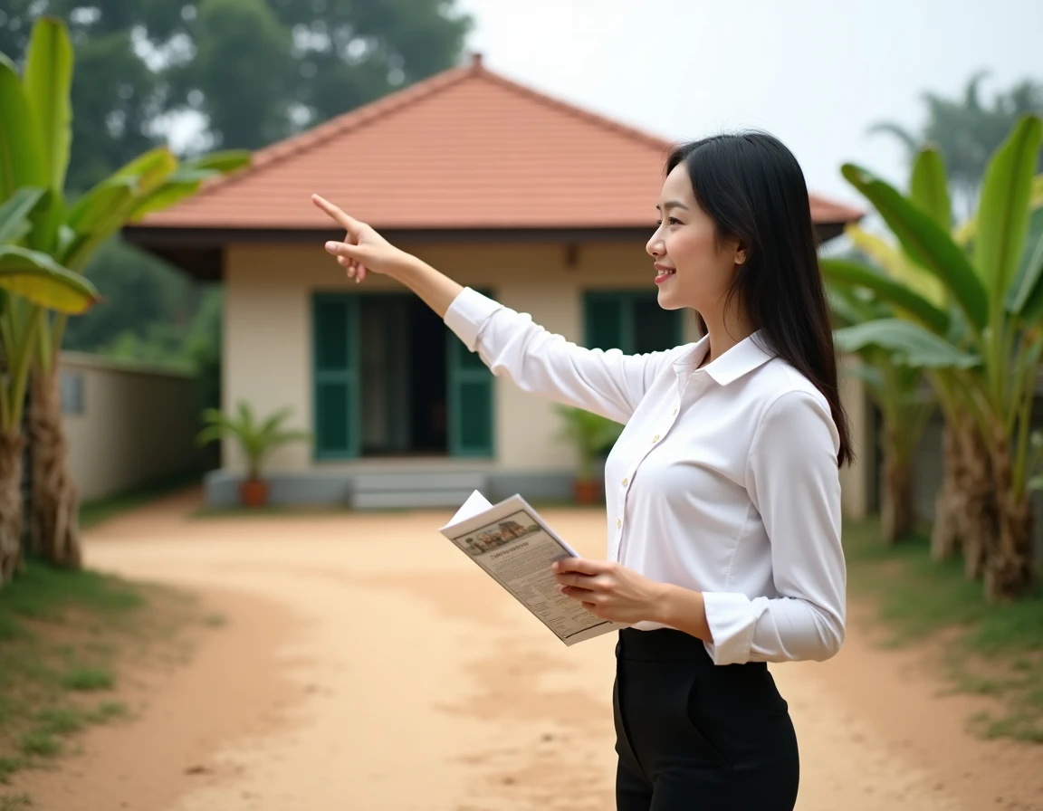 Agente immobilière thaïlandaise présentant un bungalow abordable entouré de végétation tropicale