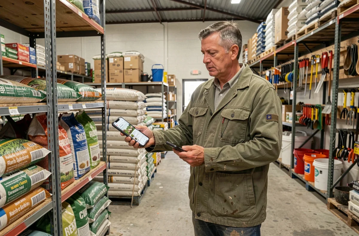 Agriculteur comparant des produits agricoles en magasin avec son smartphone pour acheter en toute confiance