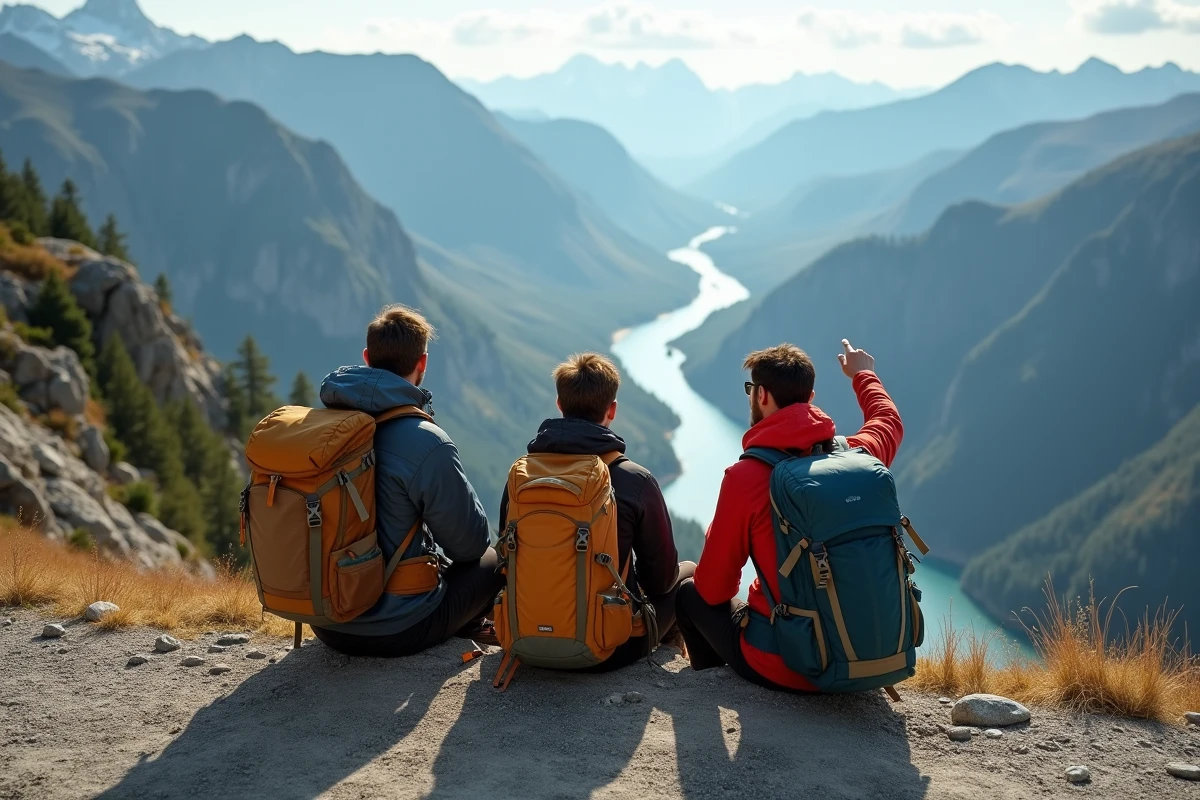 Trois amis en randonnée avec vue sur montagnes et rivières