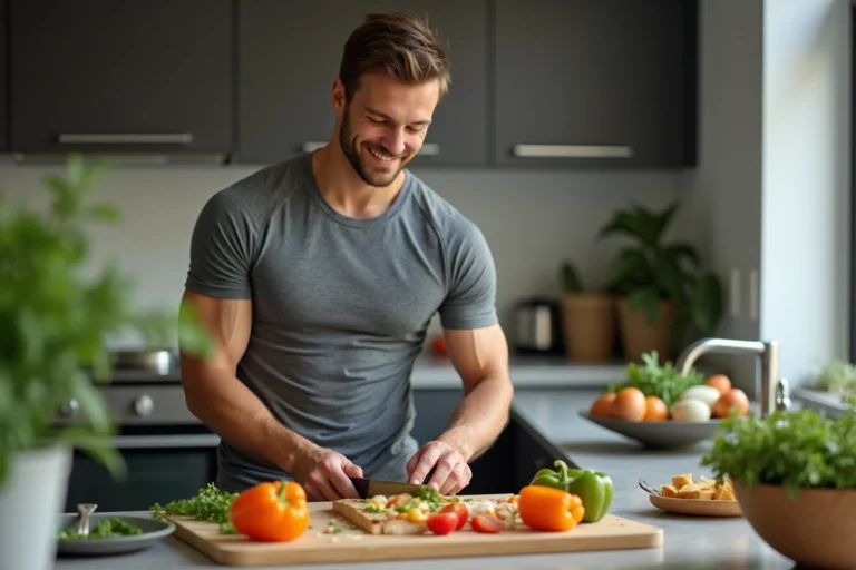 Jeune athlète préparant un repas végétarien dans la cuisine