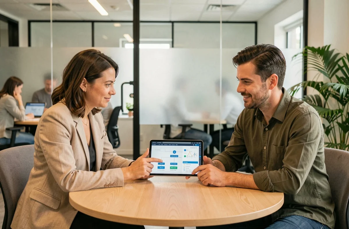 Deux professionnels collaborant autour d'un tableau de bord business structuré sur tablette dans une salle de réunion moderne