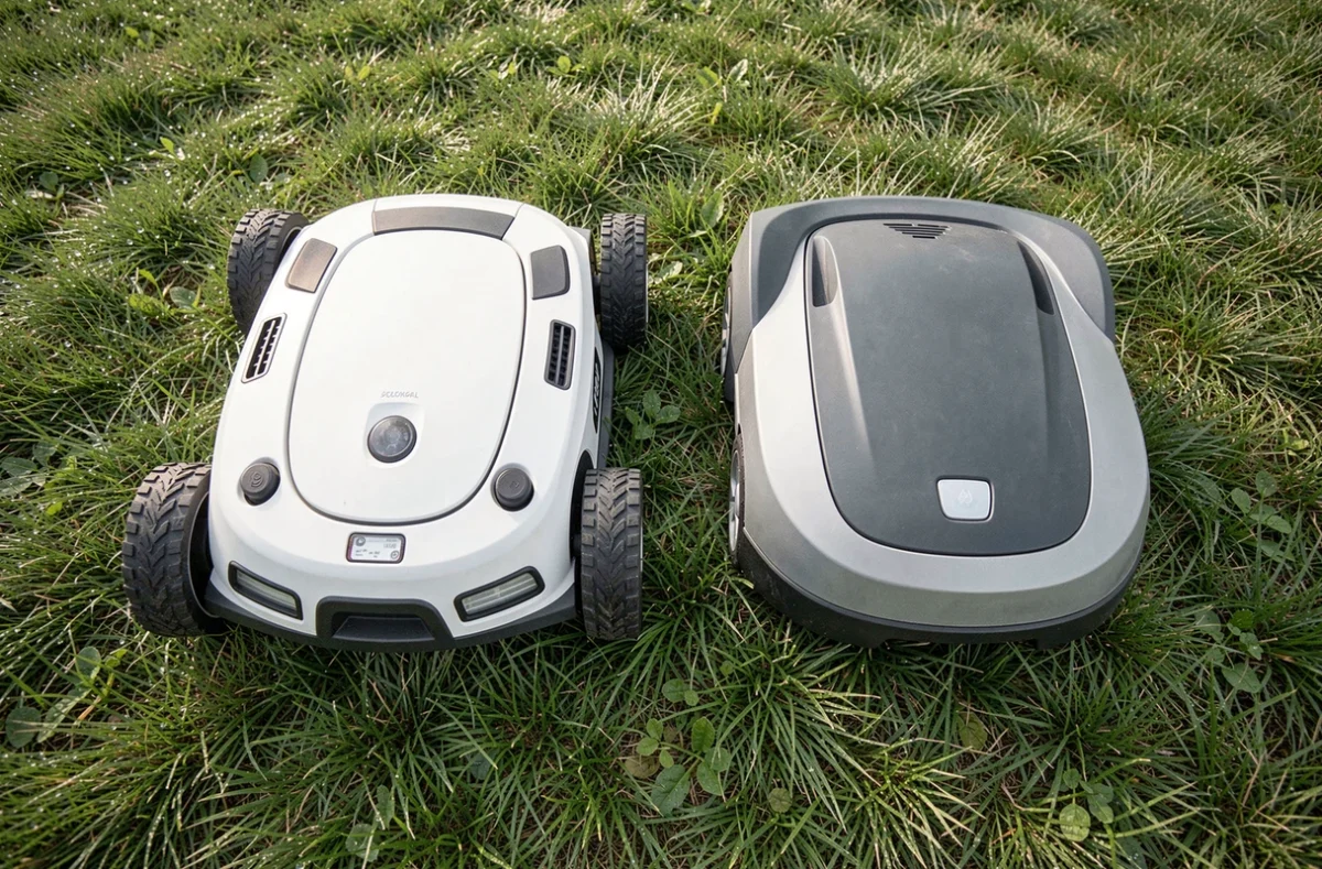 Comparaison de deux robots tondeuses sur une pelouse en pente vue du dessus dans un jardin