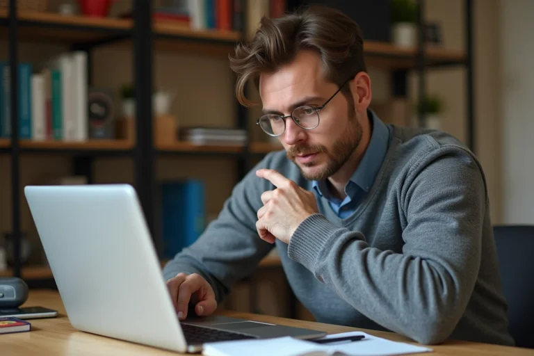 Homme consultant l'argus auto en ligne sur son ordinateur portable dans un bureau à domicile