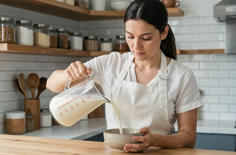 Femme versant 400 ml de lait dans un bol avec un pichet gradué en millilitres et centilitres dans une cuisine moderne