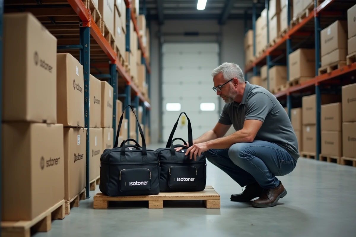 Coordinateur logistique inspectant des totes isothermes Isotoner dans un entrepôt d'entreprise