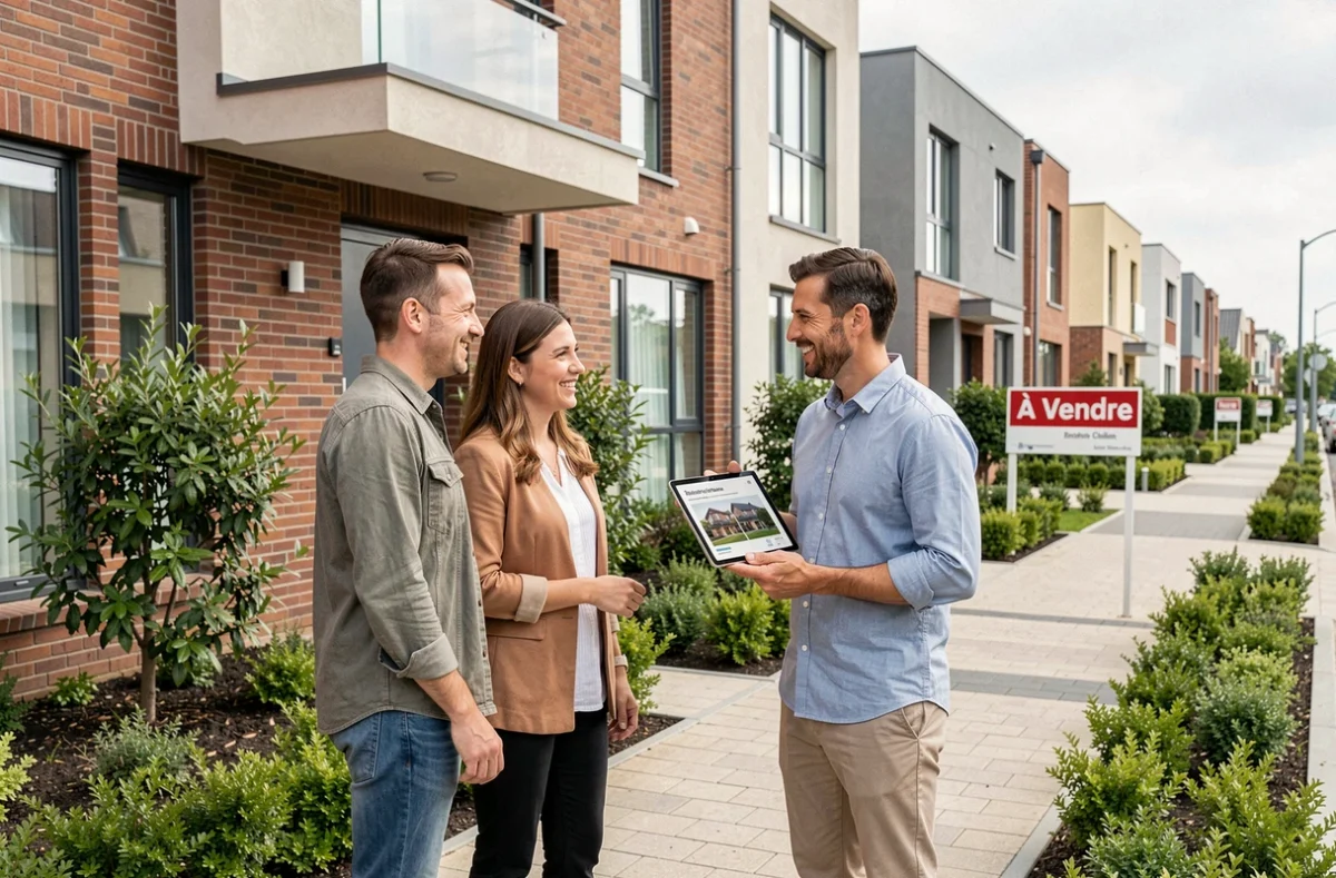 Couple discutant avec un agent immobilier devant un immeuble résidentiel neuf en banlieue