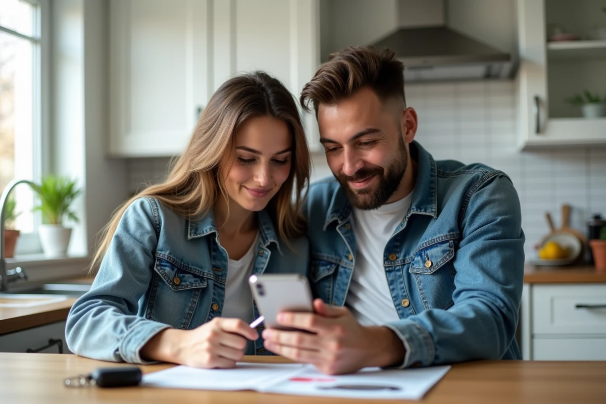 Couple consultant l'estimation argus de leur voiture d'occasion sur smartphone dans une cuisine moderne