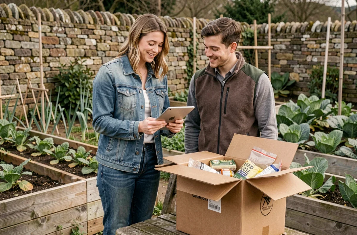 Couple de jardiniers vérifiant leur commande livrée depuis une boutique agricole en ligne dans leur potager