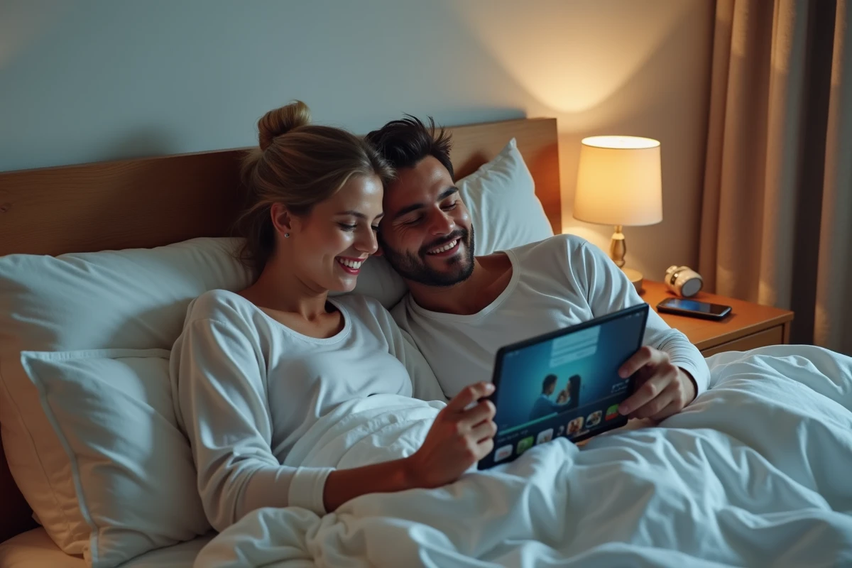 Couple regardant un film en streaming sur une tablette allongé dans un lit douillet le soir