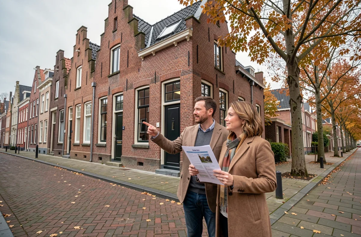Couple visitant une maison de ville belge en briques rouges lors d'une recherche immobilière