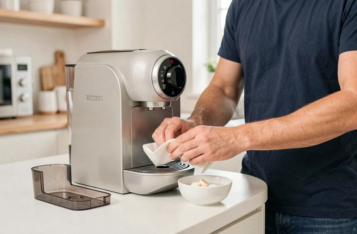 Détartrage d'une machine Tassimo Bosch avec réservoir d'eau retiré et solution détartrante posée sur le plan de travail
