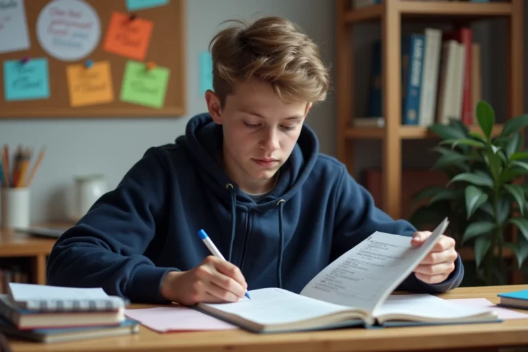 Élève de seconde révisant ses notes et son bulletin scolaire à son bureau pour améliorer sa moyenne lycée
