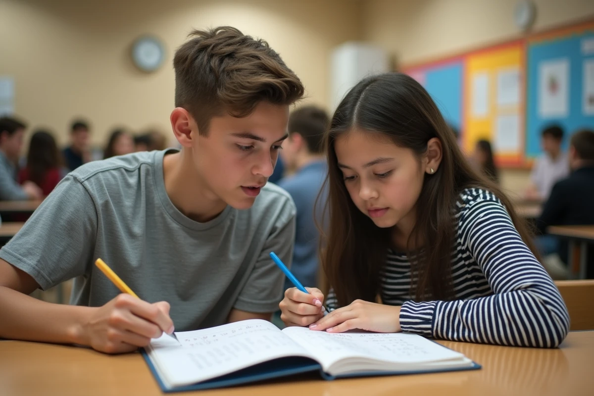 Deux élèves de seconde comparant leurs notes de mathématiques dans la cafétéria du lycée