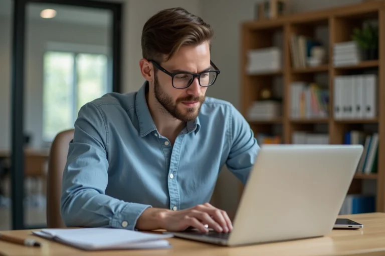 Jeune enseignant concentré devant son ordinateur dans un bureau lumineux