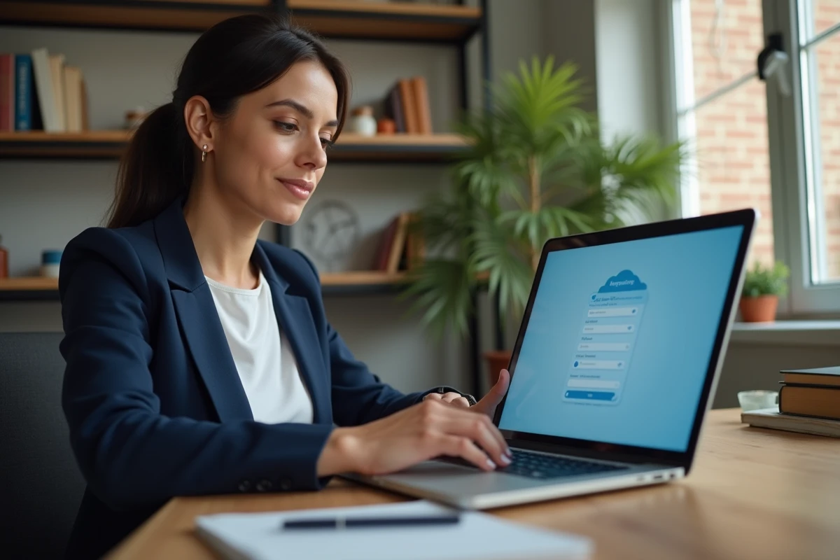 Enseignante connectée à un portail académique en ligne depuis son bureau à domicile