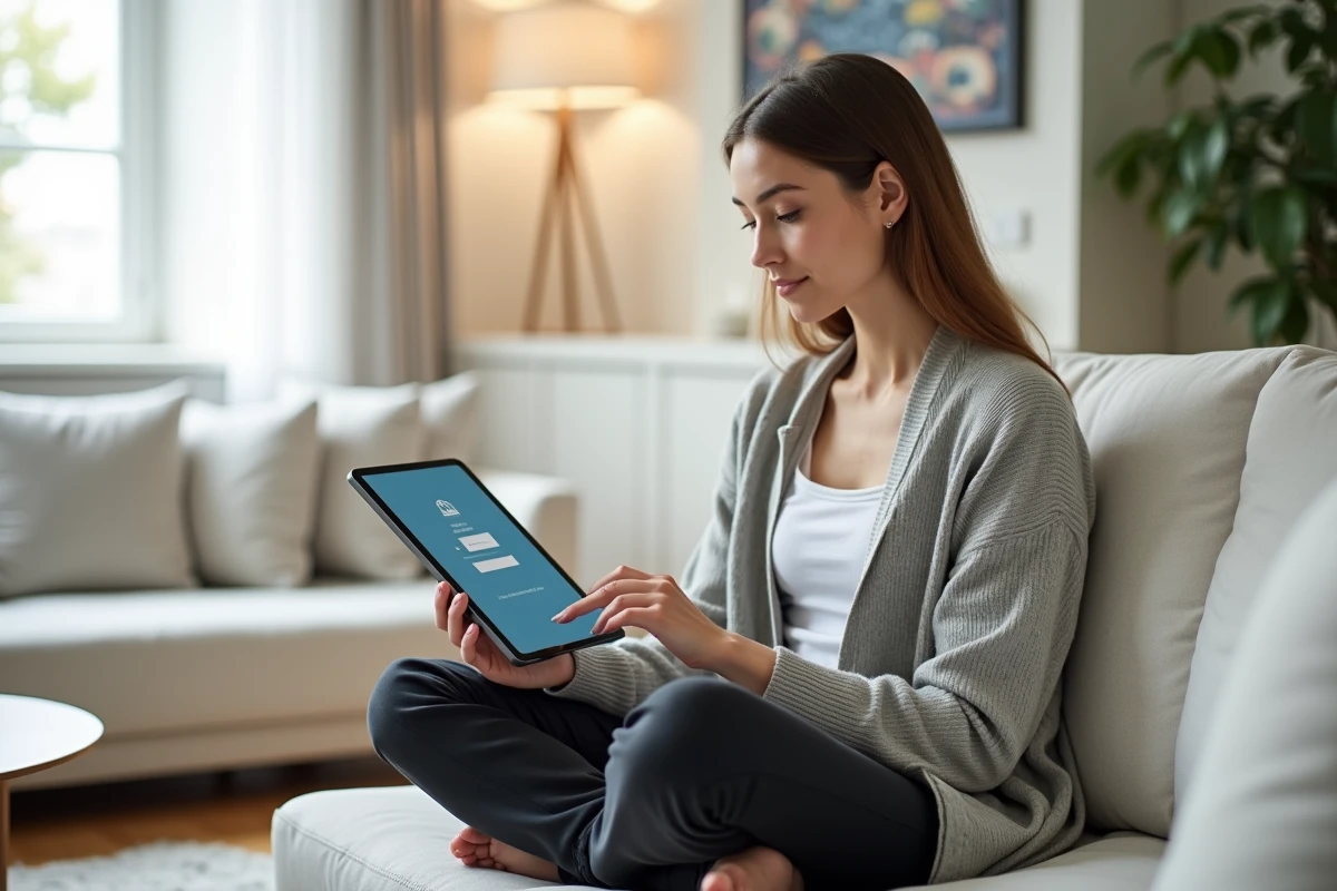 Jeune enseignante consultant l'interface IProf sur tablette depuis son salon