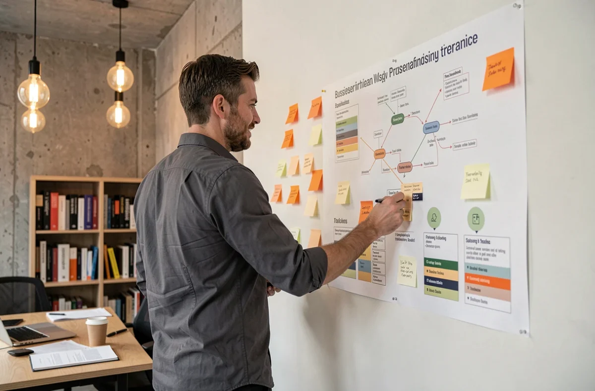 Entrepreneur masculin analysant une feuille de route business structurée sur un mur de planification dans un bureau style startup