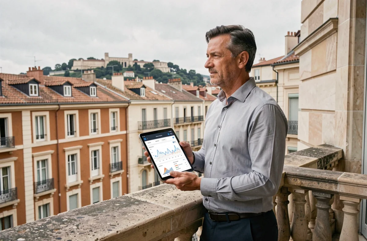 Propriétaire consultant une estimation immobilière sur tablette depuis un balcon à Lyon