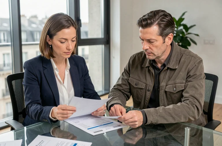 Agent immobilière et client examinant un rapport d'estimation immobilière à Lyon dans une agence moderne