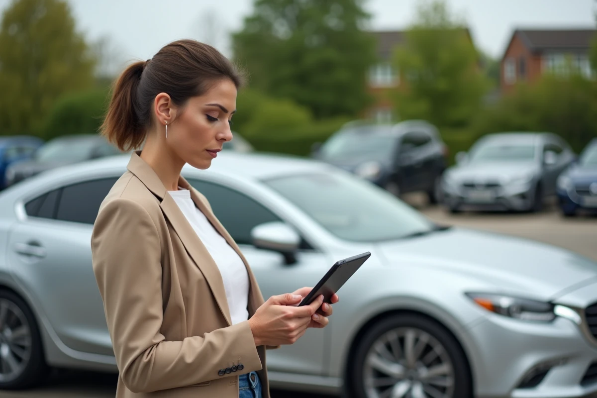 Femme estimant la valeur de sa voiture avec une tablette affichant l'argus auto dans un parking