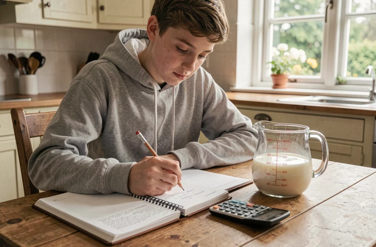 Adolescent calculant la conversion de 400 ml de lait en centilitres avec une calculatrice et un carnet de notes à une table de cuisine