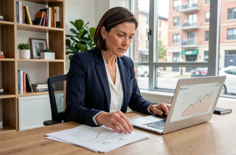 Femme cadre analysant des documents d'investissement immobilier sur un bureau moderne en 2024