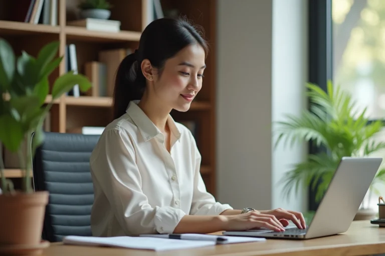 Femme professionnelle travaillant à domicile dans un bureau moderne