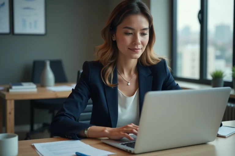 Femme professionnelle travaillant sur un ordinateur dans un bureau moderne