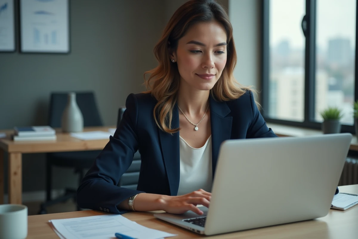 Femme professionnelle travaillant sur un ordinateur dans un bureau moderne