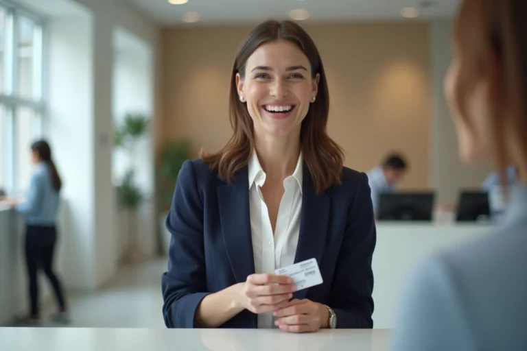 Femme tenant une carte bancaire Crédit Agricole MCD AS Dual dans une agence bancaire moderne