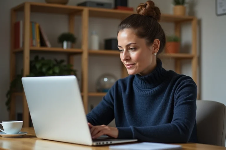 Femme comparant des offres de voitures en ligne sur un ordinateur portable dans un bureau à domicile