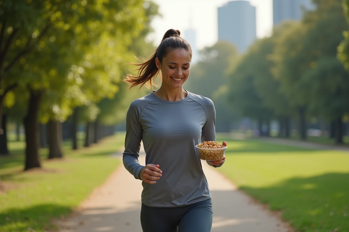 Femme courant dans le parc avec une salade à emporter