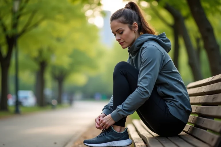 Femme en tenue de sport attachant ses chaussures dans un parc urbain