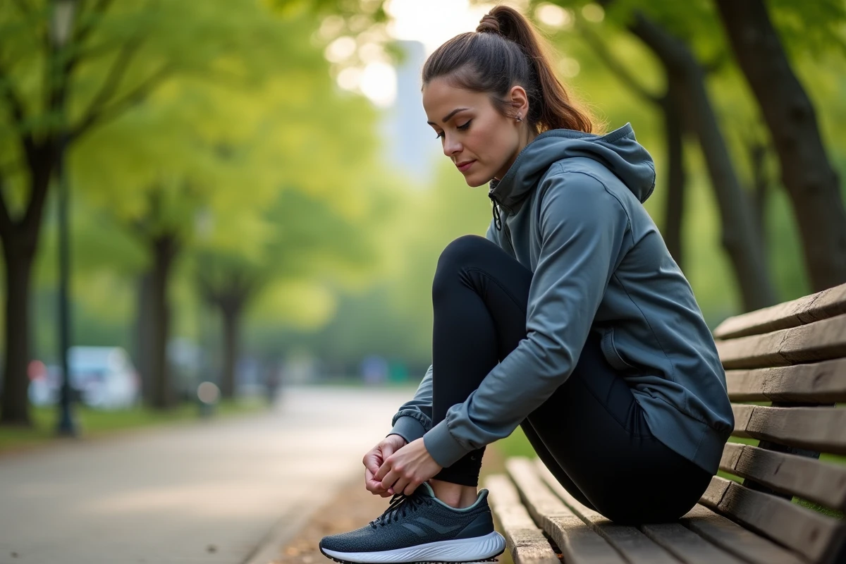 Femme en tenue de sport attachant ses chaussures dans un parc urbain