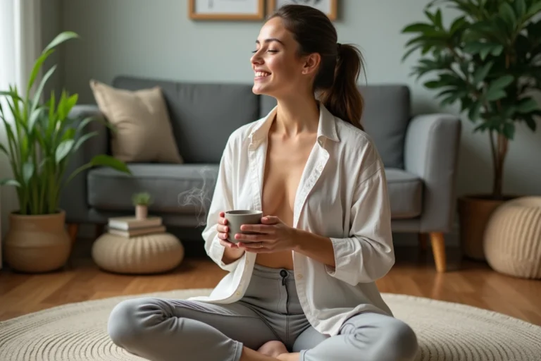 Femme souriante buvant une tisane dans un salon cosy