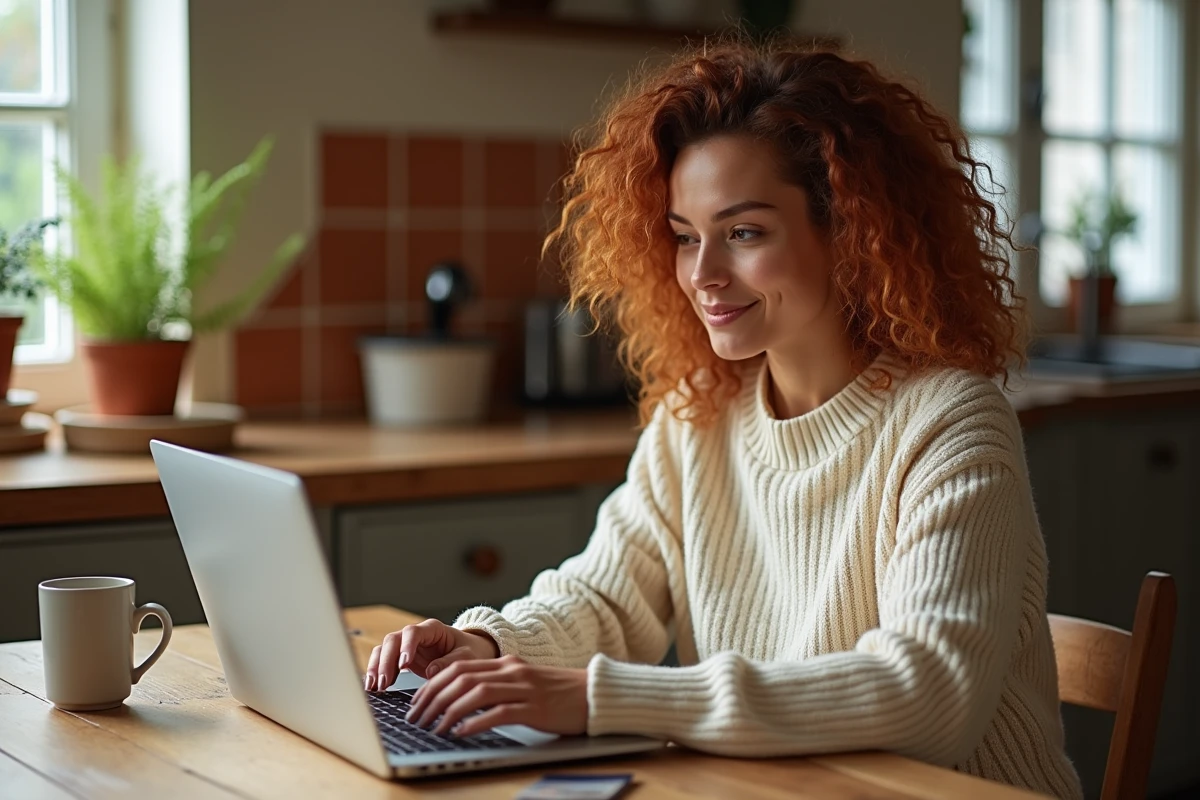 Femme gérant ses finances en ligne avec la carte MCD AS Dual Crédit Agricole depuis son domicile