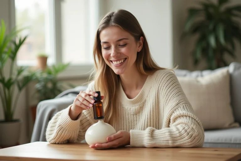 Femme souriante avec huile essentielle dans un salon lumineux
