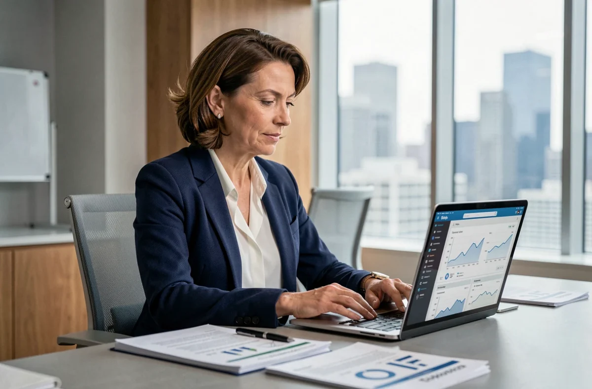 Femme professionnelle structurant son business en 2026 avec un outil de gestion numérique sur ordinateur portable dans un bureau moderne