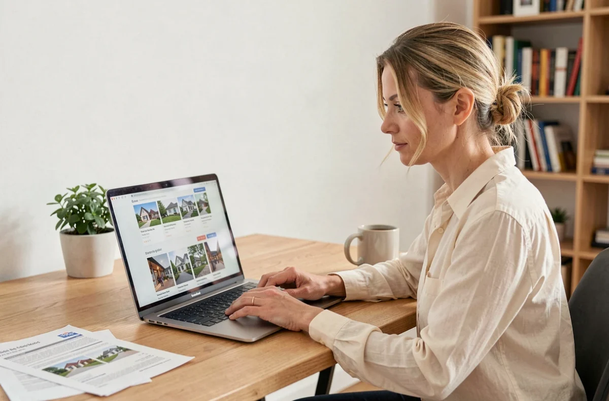 Femme consultant des offres immobilières sur un ordinateur portable dans un bureau à domicile moderne en Belgique