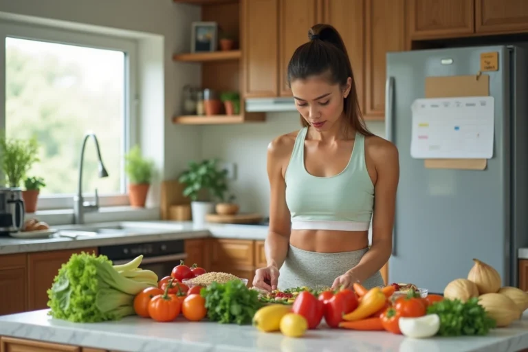 Femme préparant un repas sain et équilibré dans une cuisine moderne pour perdre du poids durablement