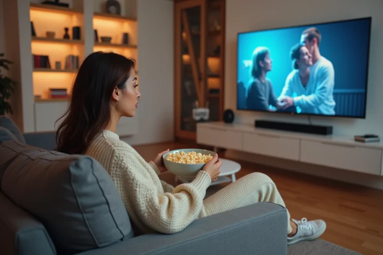 Jeune femme regardant un film en streaming sur sa télévision dans un salon cosy, tenant un bol de popcorn