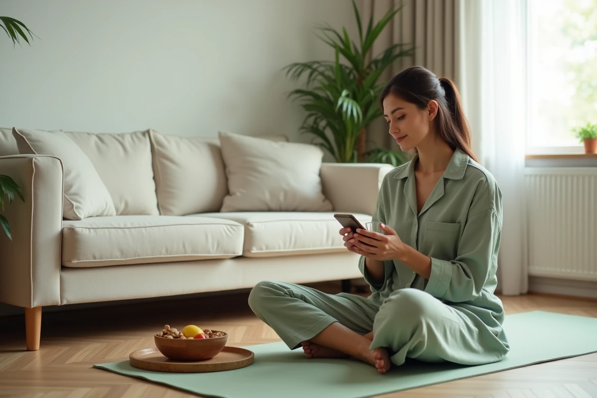 Femme consultant une application de suivi nutritionnel sur tapis de yoga pour adopter de saines habitudes minceur