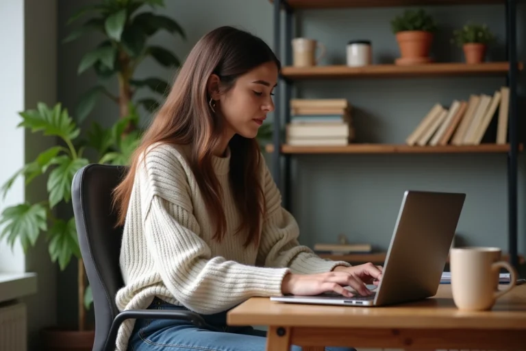 Jeune femme travaillant sur un ordinateur portable dans un bureau cosy