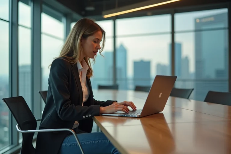 Femme en blazer travaillant sur son ordinateur en coworking