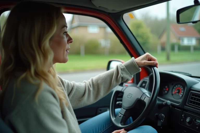 Femme dans sa voiture regardant le niveau de carburant
