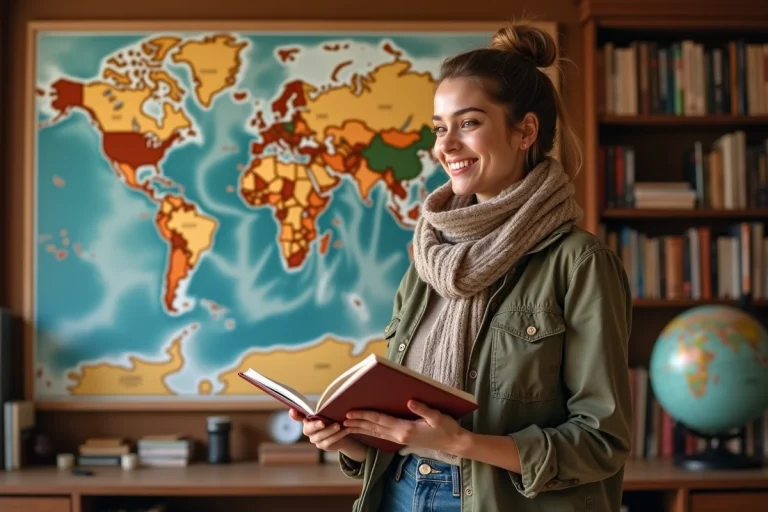 Jeune femme souriante devant une carte du monde décorée