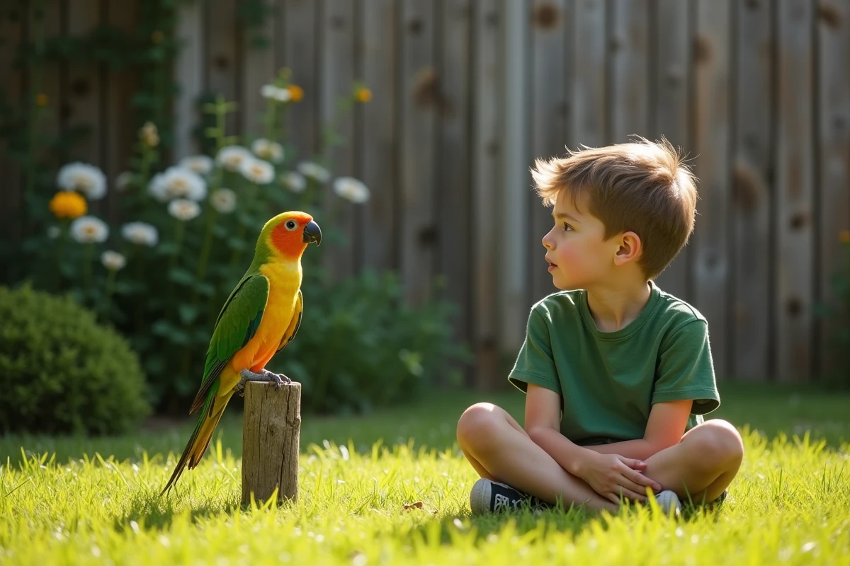 Jeune garçon dans un jardin écoute un kakariki sur un bâton